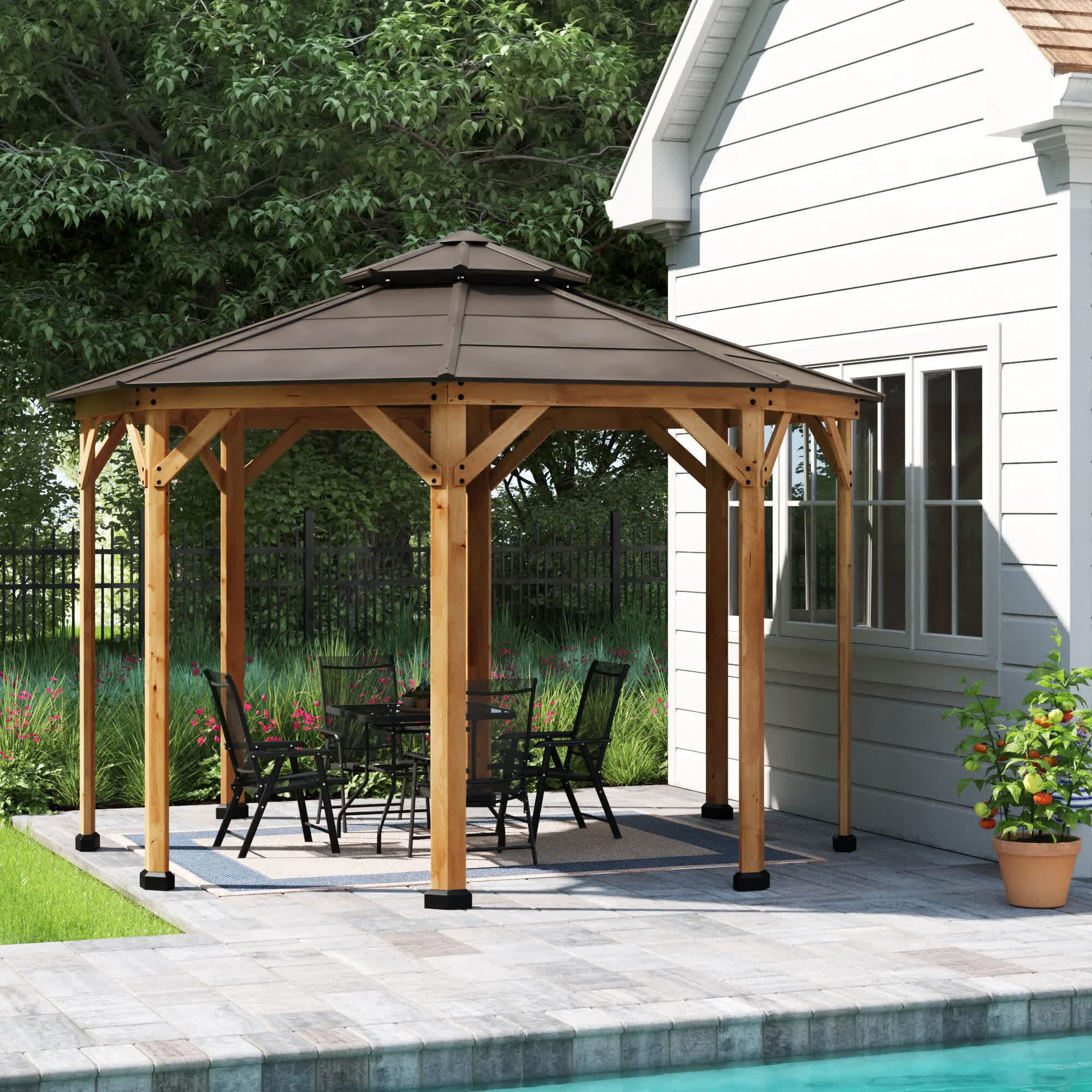 Sunjoy 13 Ft. W x 13 Ft. D Patio Cedar Framed Octagonal Gazebo Steel 2 Tier Hardtop Roof